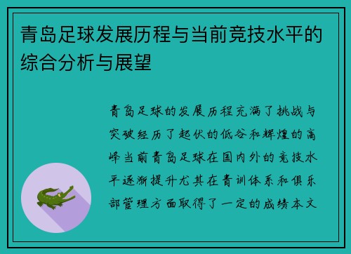 青岛足球发展历程与当前竞技水平的综合分析与展望