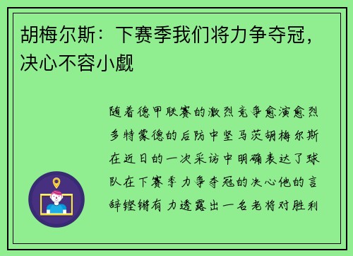 胡梅尔斯：下赛季我们将力争夺冠，决心不容小觑