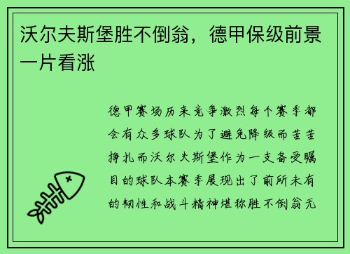 沃尔夫斯堡胜不倒翁，德甲保级前景一片看涨