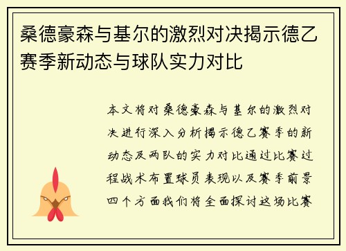 桑德豪森与基尔的激烈对决揭示德乙赛季新动态与球队实力对比
