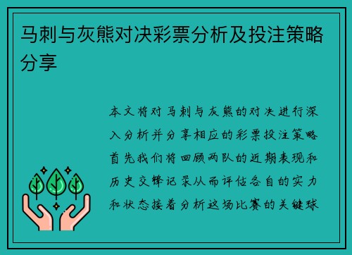 马刺与灰熊对决彩票分析及投注策略分享