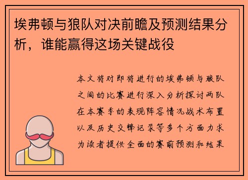 埃弗顿与狼队对决前瞻及预测结果分析，谁能赢得这场关键战役