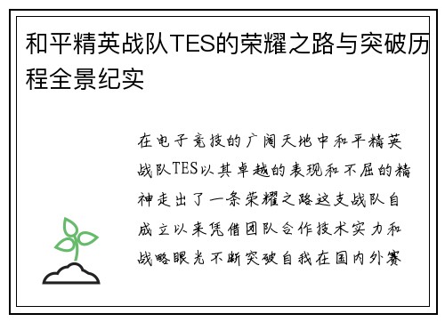 和平精英战队TES的荣耀之路与突破历程全景纪实